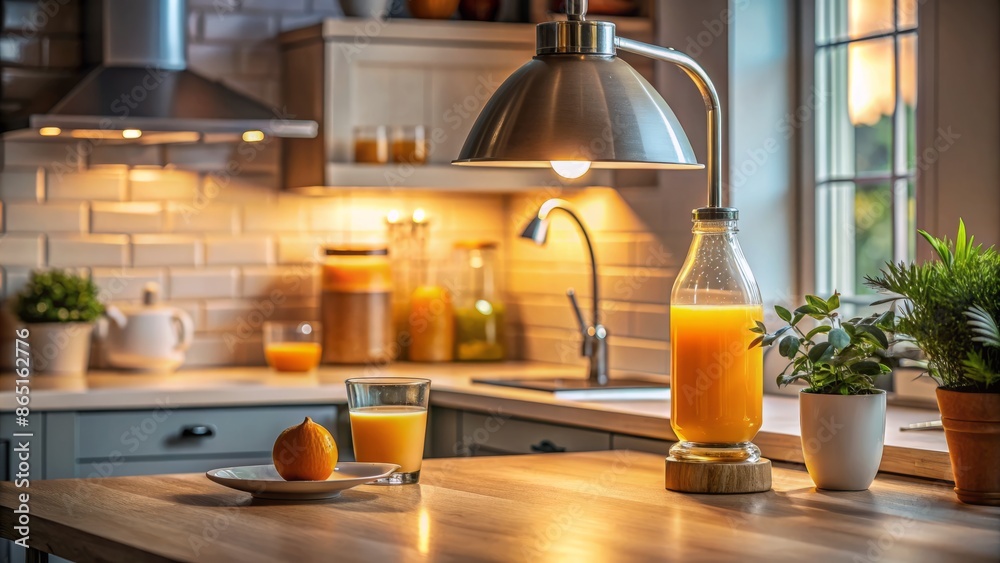 There is a bottle of orange juice and a glass on the table. There is an orange on the plate. There is a lamp on the table. There are some plants on the windowsill. There is a bottle of orange juice and a glass on the table. There is an orange on the plate. There is a lamp on the table. There are some plants on the windowsill.