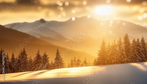 ai generative of hyper realistic of glare of sunlight 1ith a snowy landscape and mountains