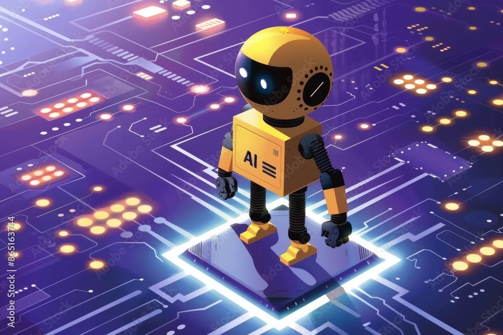 AI Robot in Digital Interface, High tech Innovation, Blue and Yellow Light, Futuristic Technology, Artificial Intelligence AI Robot in Digital Interface, High tech Innovation, Blue and Yellow Light, Futuristic Technology, Artificial Intelligence