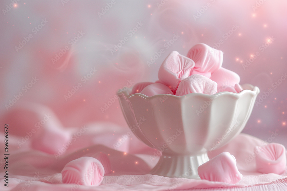 Pink marshmallows in a white bowl on a pink background Pink marshmallows in a white bowl on a pink background