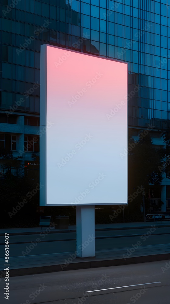 Large blank billboard with red gradient in urban setting, perfect for advertisements or branding, set against a modern glass building backdrop.
