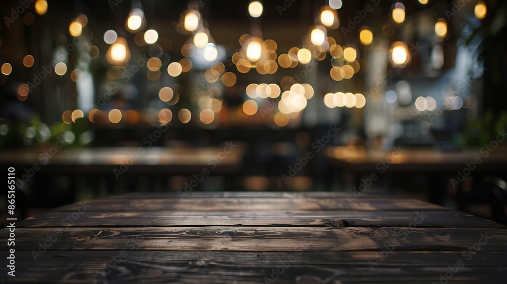 Empty dark wooden table in front of restaurant abstract blurred bokeh background can be used to demonstrate or mount your products Layout for space : Generative AI Empty dark wooden table in front of restaurant abstract blurred bokeh background can be used to demonstrate or mount your products Layout for space : Generative AI