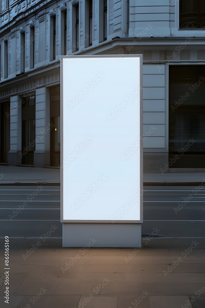 Fototapeta premium Vertical blank billboard on empty city street during twilight, ready for advertising content with urban buildings in the background.