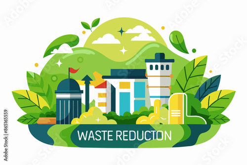 Illustration of waste reduction with city in background. The image depicts waste reduction efforts, featuring a city background. It includes elements like buildings, trees, plants, grass, and a mix 