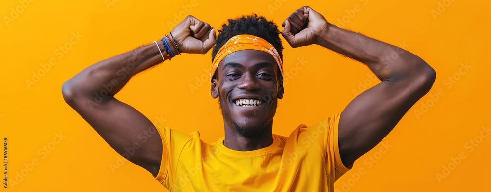 Semi-close-up of an athlete celebrating International Sports Day with a triumphant look and copy space Semi-close-up of an athlete celebrating International Sports Day with a triumphant look and copy space