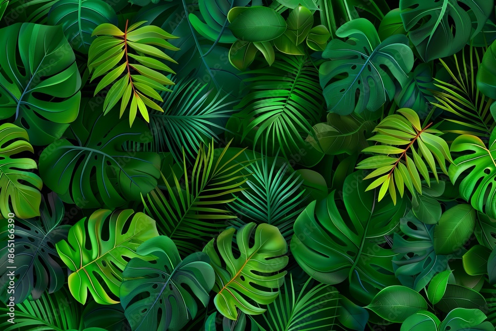 Lush tropical foliage pattern with various green leaves, creating a dense and vibrant jungle effect. Lush tropical foliage pattern with various green leaves, creating a dense and vibrant jungle effect.