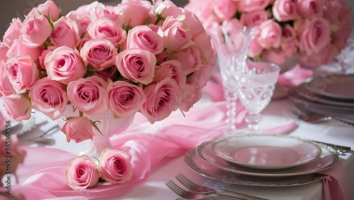 Rose flowers on pink table from above