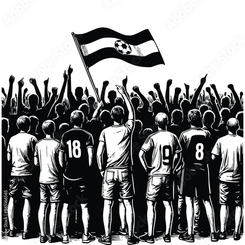 hand drawn silhouette football fans or football supporter illustration for poster and banner. engraving black and white football fans holding flag vector illustration