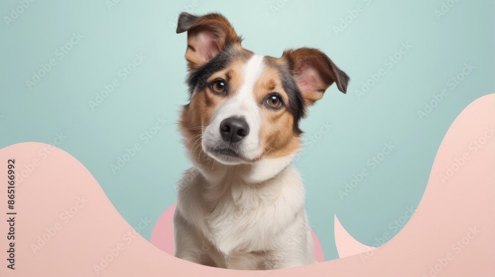 A cute dog with a curious expression gazes up at the camera against a vibrant pink and blue backdrop, celebrating International Dog Day A cute dog with a curious expression gazes up at the camera against a vibrant pink and blue backdrop, celebrating International Dog Day