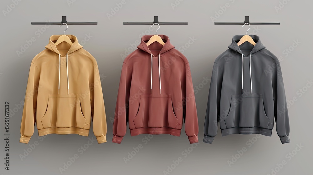 Three plain hoodies in neutral colors, hanging on wooden hangers against a white background Three plain hoodies in neutral colors, hanging on wooden hangers against a white background