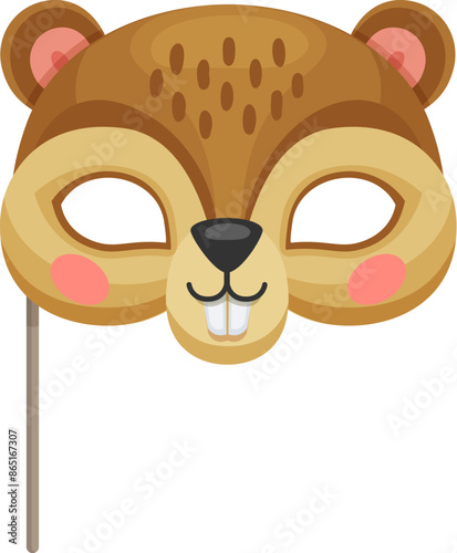 Animal mask for carnival party or festival and birthday costume, vector beaver face. Cartoon animal mask on stick for kid birthday or entertainment masquerade event, happy zoo beaver animal face