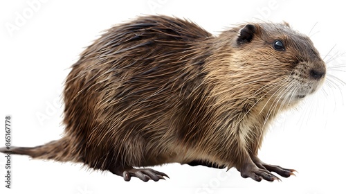 2. Create a high-resolution image of a Nutria showcasing its sleek fur and distinctive features, with a transparent background suitable for effortless placement on a white backdrop. Ensure the final photo