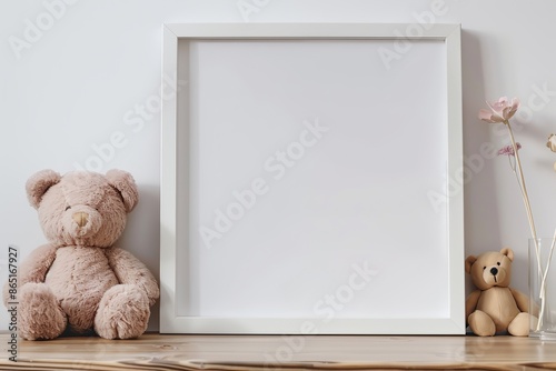 Blank white picture frame mockup in a bright simple childrens room interior. Eco friendly child wooden empty poster, toys white wall. Paper template and stylish scandinavian newborn cozy decoration.