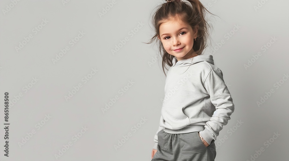 Cute adorable little preschool girl with European appearance in trendy sportswear holding her hand in her pocket full length portrait on space studio background Childrens fashion : Generative AI Cute adorable little preschool girl with European appearance in trendy sportswear holding her hand in her pocket full length portrait on space studio background Childrens fashion : Generative AI
