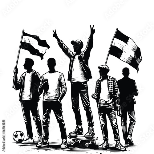 hand drawn silhouette football fans or football supporter illustration for poster and banner. engraving black and white football fans holding flag vector illustration