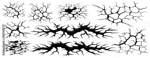Earthquake ground cracks and holes or earth splits and wall break effects, vector background. Cracks on ground or concrete with fracture crash texture, earthquake earth land surface with destruction