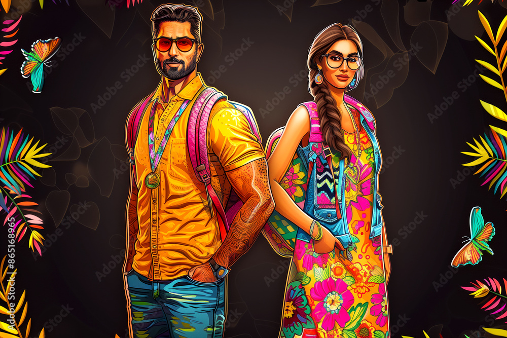 Fototapeta premium A man and woman are standing next to each other in a colorful background