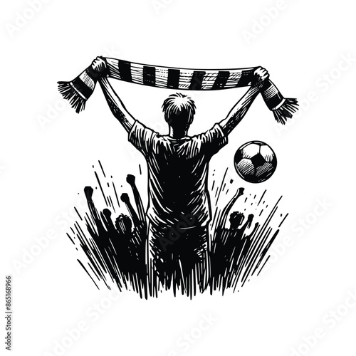 hand drawn silhouette football fans or football supporter illustration for poster and banner. engraving black and white football fans holding flag vector illustration