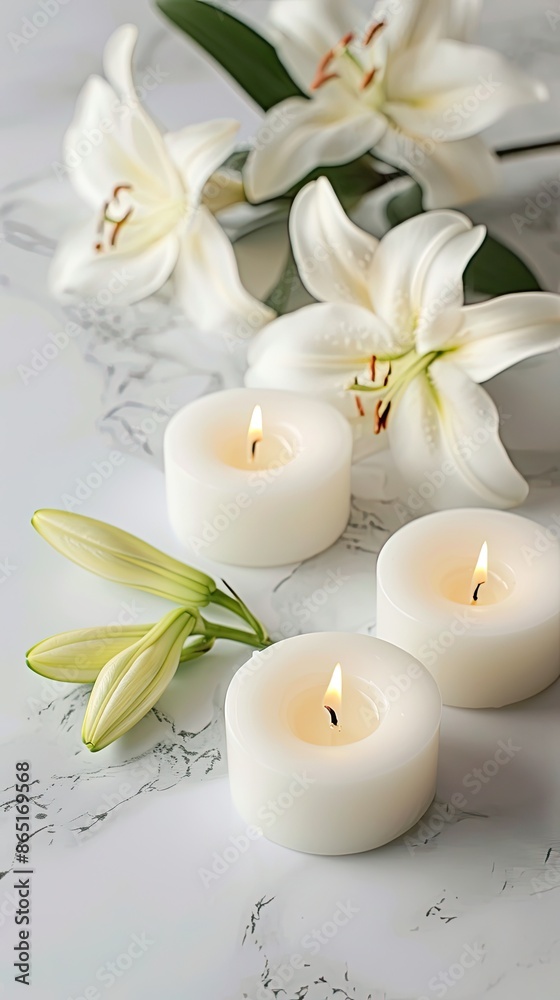 Two clear glass candle holders, each containing a lit white candle, rest amongst white lilies and green leaves Two clear glass candle holders, each containing a lit white candle, rest amongst white lilies and green leaves