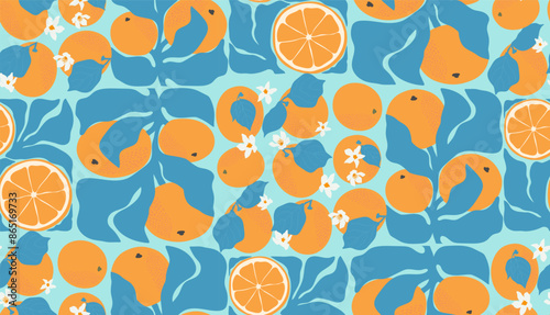 Abstract citrus fruits seamless pattern in blue color palette. Retro groovy oranges design for fabric prints. Aesthetic citrus fruit vector illustration.