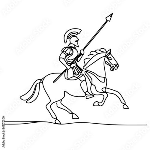 Ancient Cavalry: Continuous Line Illustration of Roman and Gladiator. Equestrian Glory: Continuous Line Roman Knight and Gladiator. Gladiator riding horse and holding spear single outline vector.