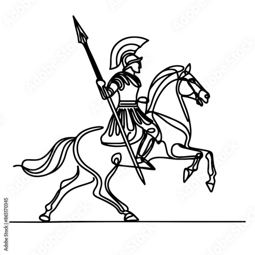 Ancient Cavalry: Continuous Line Illustration of Roman and Gladiator. Equestrian Glory: Continuous Line Roman Knight and Gladiator. Gladiator riding horse and holding spear single outline vector.