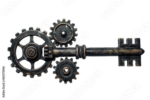 Hand Drawn Illustration of Colorful Steampunk Key in Gray in Brown Colors on White Background. photo