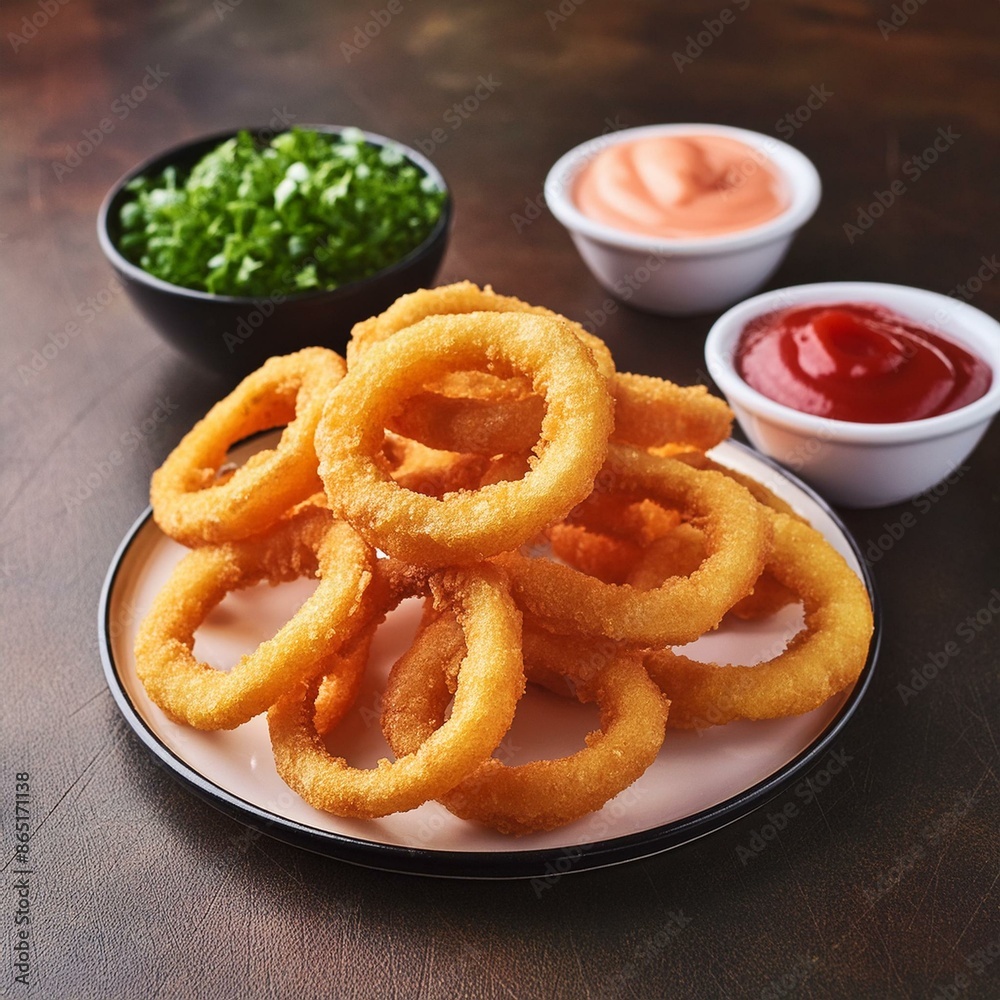 Homemade crunchy deep fried onion rings in plate with sauce Homemade crunchy deep fried onion rings in plate with sauce