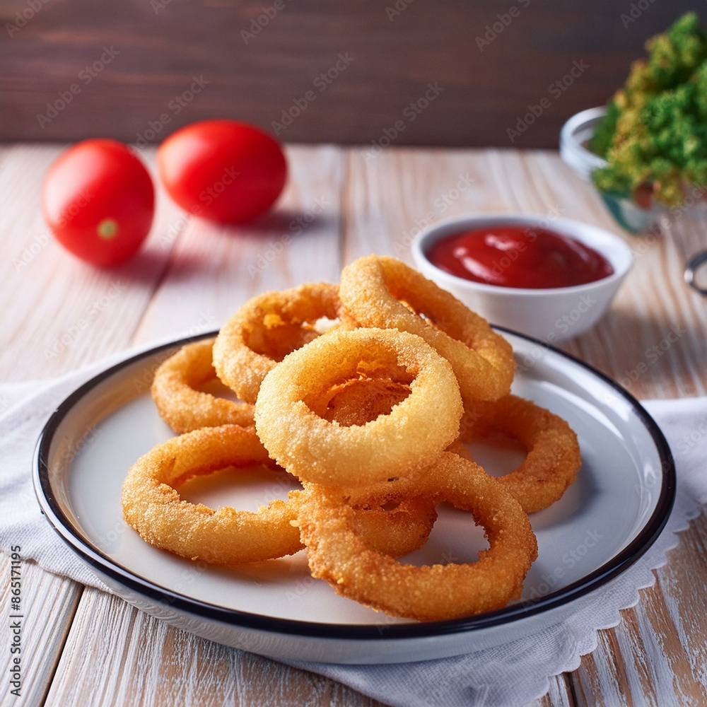 Homemade crunchy deep fried onion rings in plate with sauce Homemade crunchy deep fried onion rings in plate with sauce