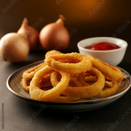 Homemade crunchy deep fried onion rings in plate with sauce