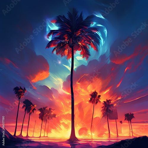 Burning palm tree. Fire in wild nature. Smoke in the air. Tropical plant in flame. Natural disaster and wildfire concept. photo