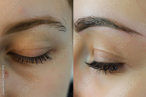 A close-up of eyelids with a before and after comparison showing the natural look before and the defined eyeliner tattoo after the procedure emphasizing the precision and beauty of the enhancement photo