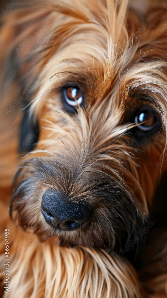 A stray homelss briard dog with brown fur and a black nose looking at the camera A stray homelss briard dog with brown fur and a black nose looking at the camera