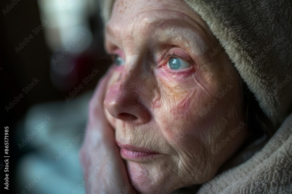 A person with mild facial swelling in a home setting preparing to seek ...