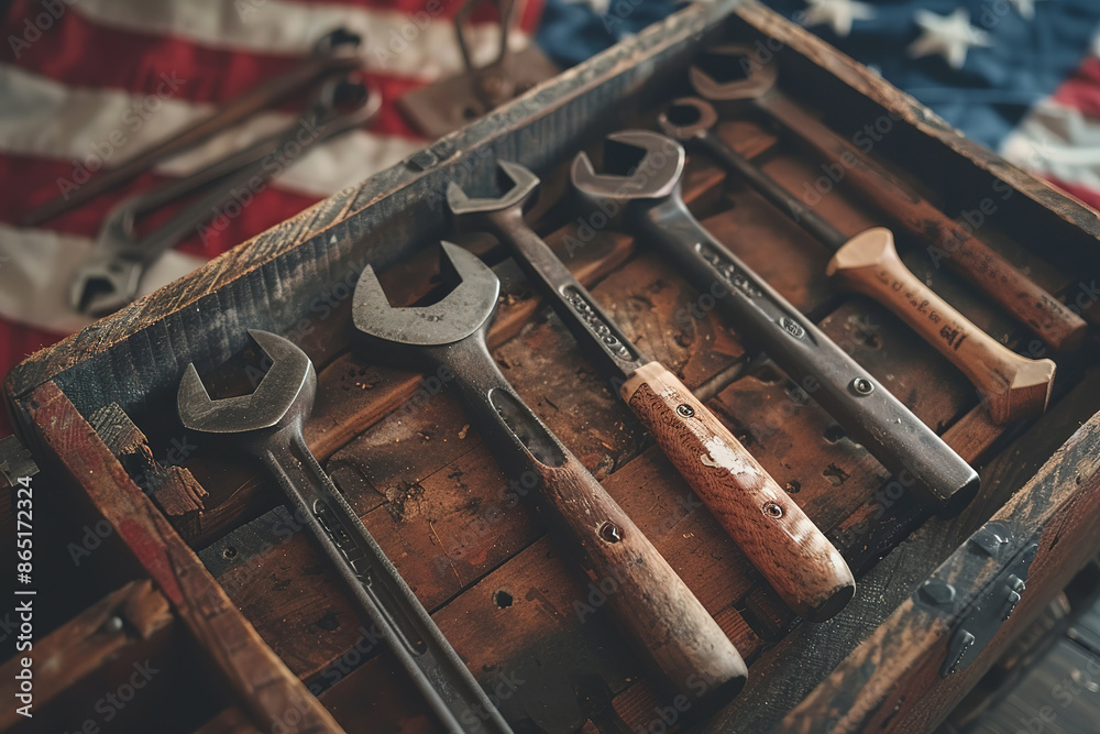 Happy Labor day. Wrench engineer constructor tools on american flag. Happy Labor day. Wrench engineer constructor tools on american flag.