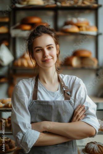 young woman baker standing at bakery shop