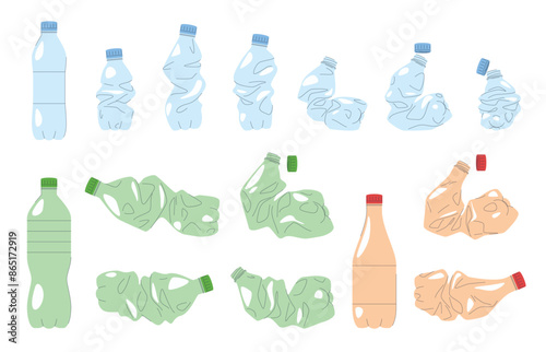 Crumpled plastic water bottles. Plastic recycling. Environmental pollution. Vector illustration