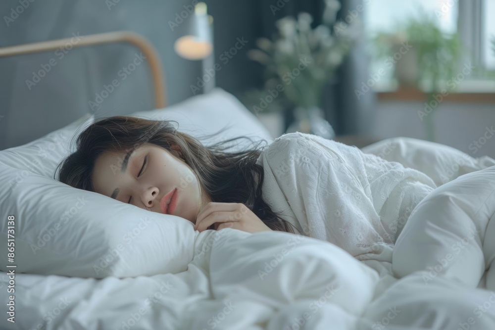 Asian beautiful woman sleeps sweet dream in bed in the morning
