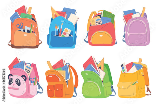 Set of school backpacks. Children briefcases for carrying school supplies. Vector illustration