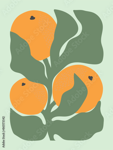 Abstract poster retro groovy orange fruit design for wall prints. Aesthetic citrus vector illustration.