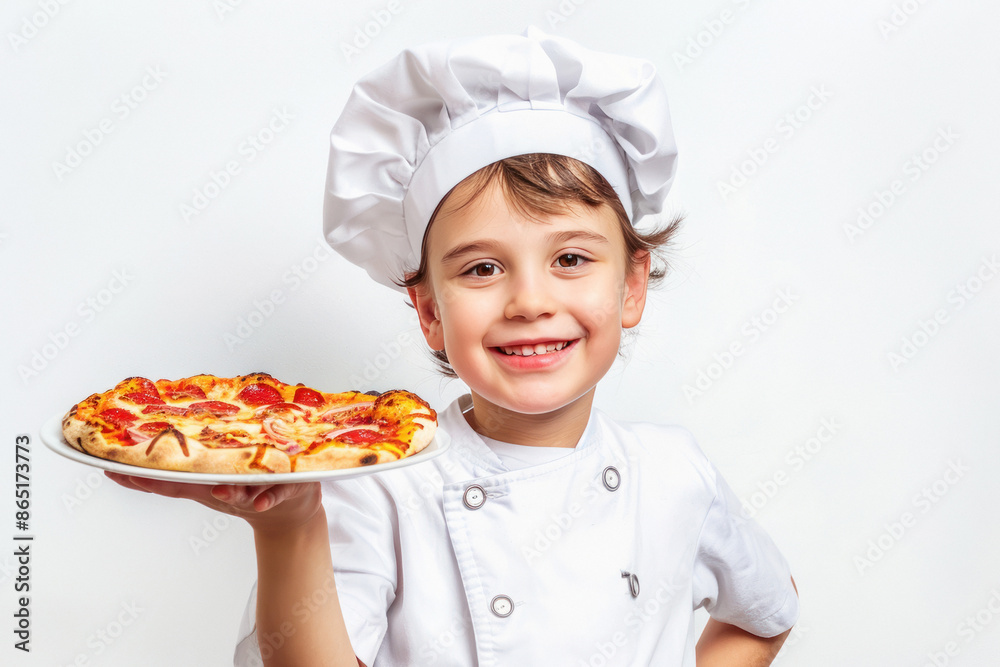 child chef holding pizza plate in hand child chef holding pizza plate in hand