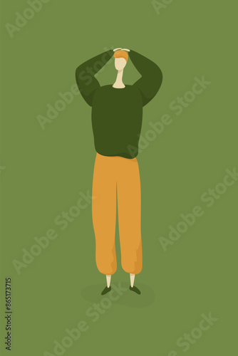 A simple image of a young man with white hair covering his head with his hands on a green background. It depicts the emotions of fear and guilt. 