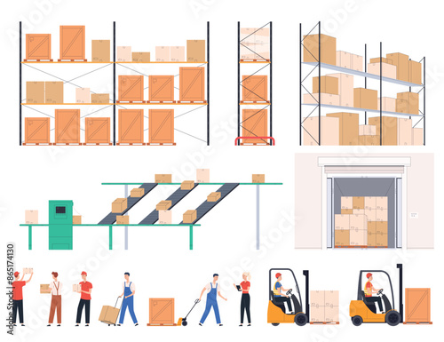 Warehouse with workers and loaders. Storage of boxes with goods and sending them to the store, to customers. Freight transportation. Logistics company. Vector illustration