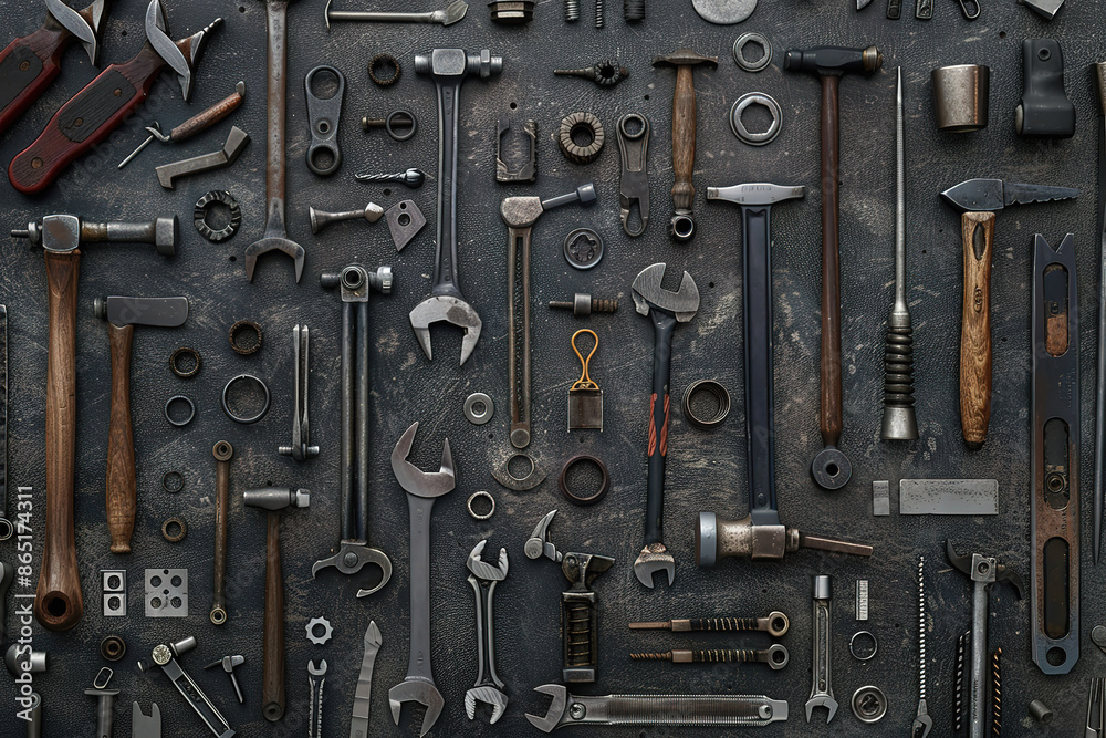 Old and worn work tools on large American flag - Labor day background Old and worn work tools on large American flag - Labor day background