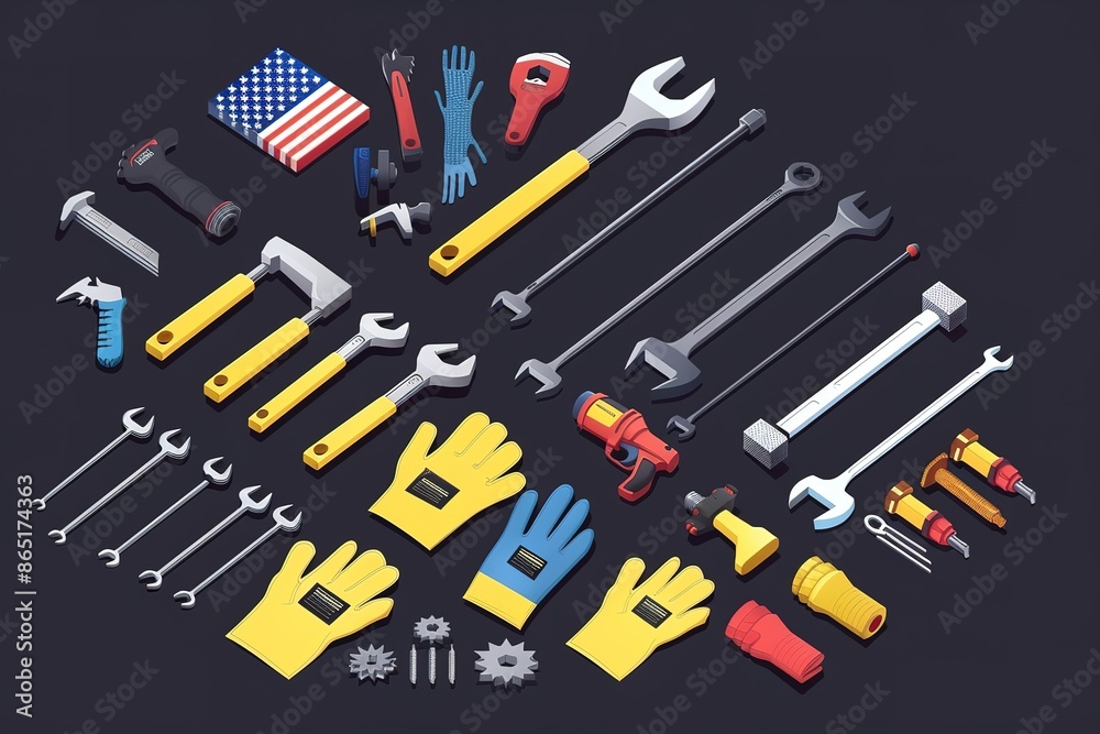 Old and worn work tools on large American flag - Labor day background Old and worn work tools on large American flag - Labor day background