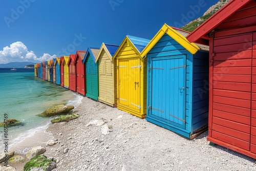 A row of colorful beach huts along a sandy shore, each painted in bright, cheerful colors.