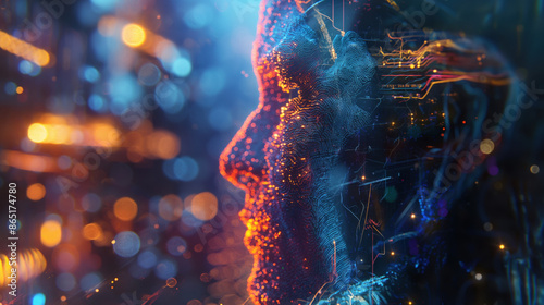 Abstract digital portrait with glowing blue and orange colors.  The image is perfect for themes of technology, artificial intelligence, and the future.