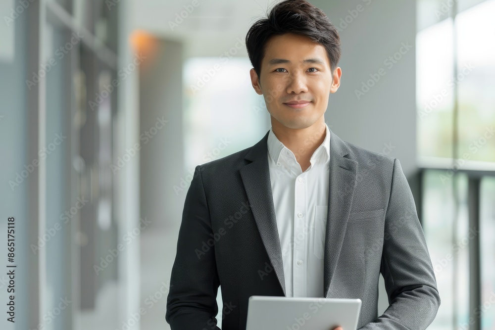 A Asian man in a suit and tie is holding a tablet in his hand, smiling and confident and professional