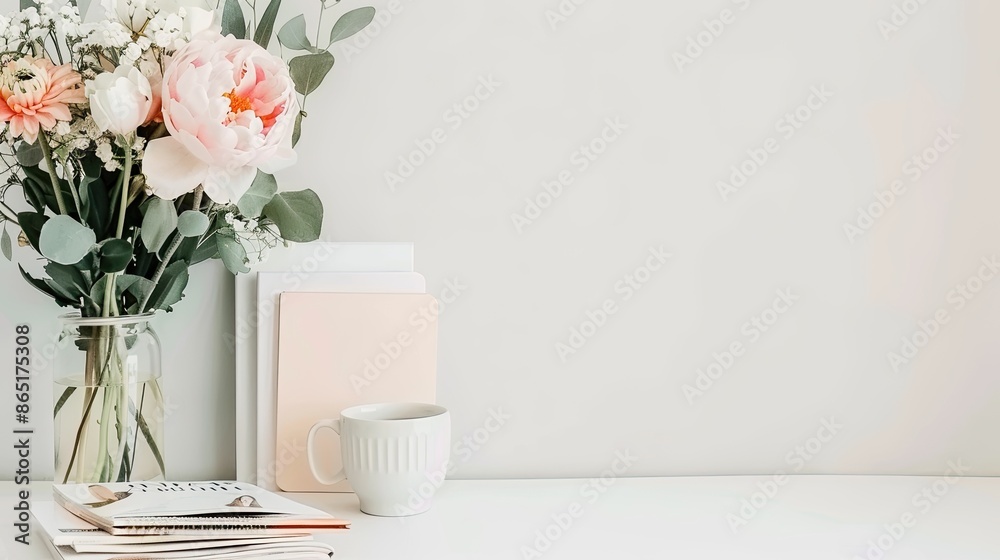A white coffee cup with cream sits on a white table with a stack of books next to a vase of white and cream flowers. The room is bright and airy A white coffee cup with cream sits on a white table with a stack of books next to a vase of white and cream flowers. The room is bright and airy