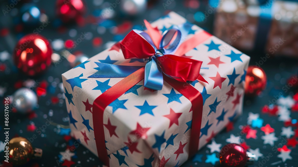 A close-up of a beautifully wrapped gift box with red, white, and blue ribbons, surrounded by patriotic decorations. A close-up of a beautifully wrapped gift box with red, white, and blue ribbons, surrounded by patriotic decorations.